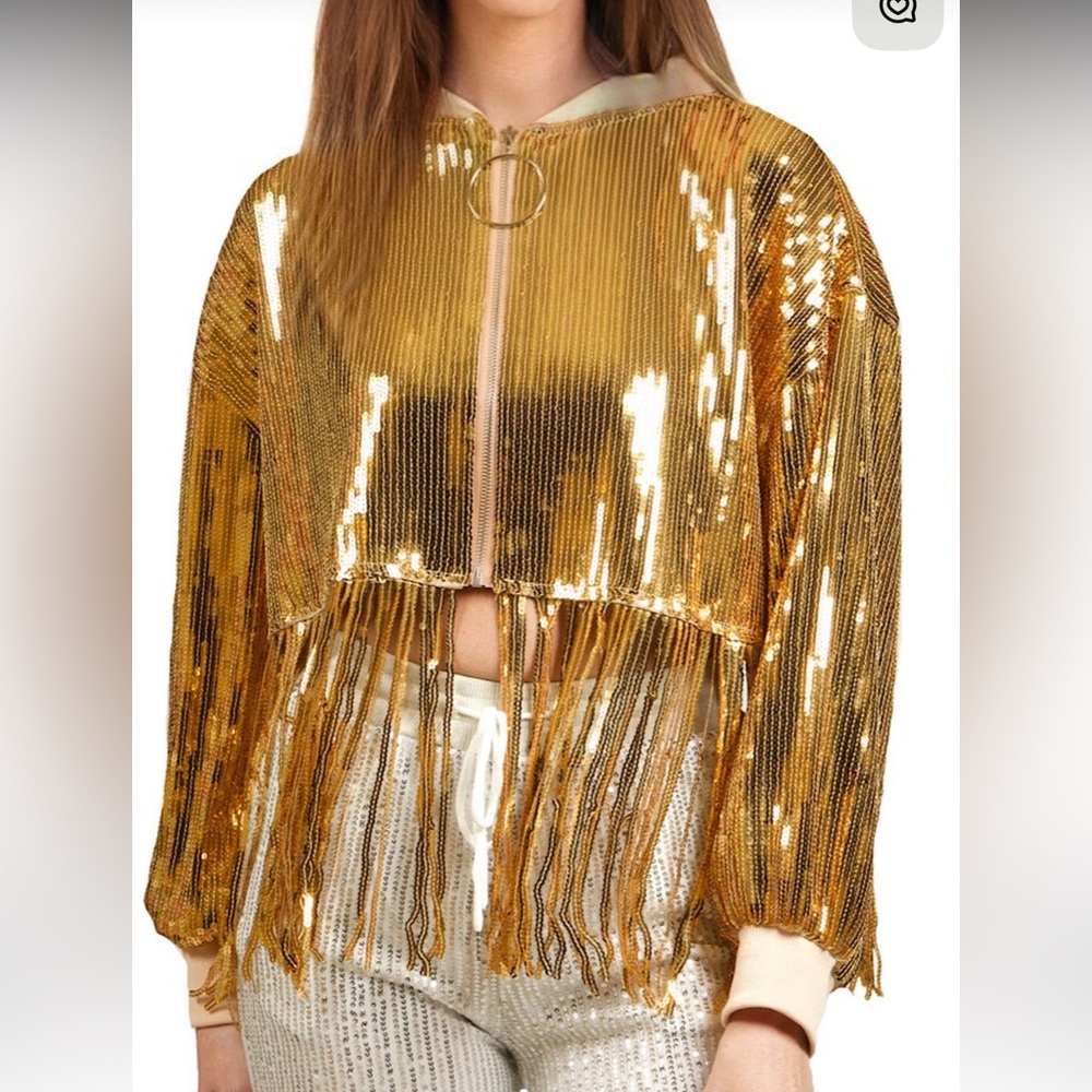 NIKKI LUND Oversize Sequins Fringe Hem Jacket in Gold L